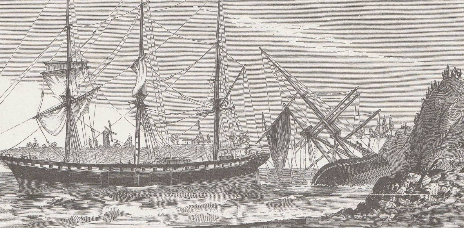 An engraving of the wreck of the Ben Venue in Timaru harbour.
The windmill can be seen on the headland behind.
There is
a very similar photo of the scene,
where the mill is harder to see since it's behind the rigging - it's unclear if this engraving was based on the photo with artistic license, or whether another photo taken at a slightly different time/viewpoint was the basis for the engraving.